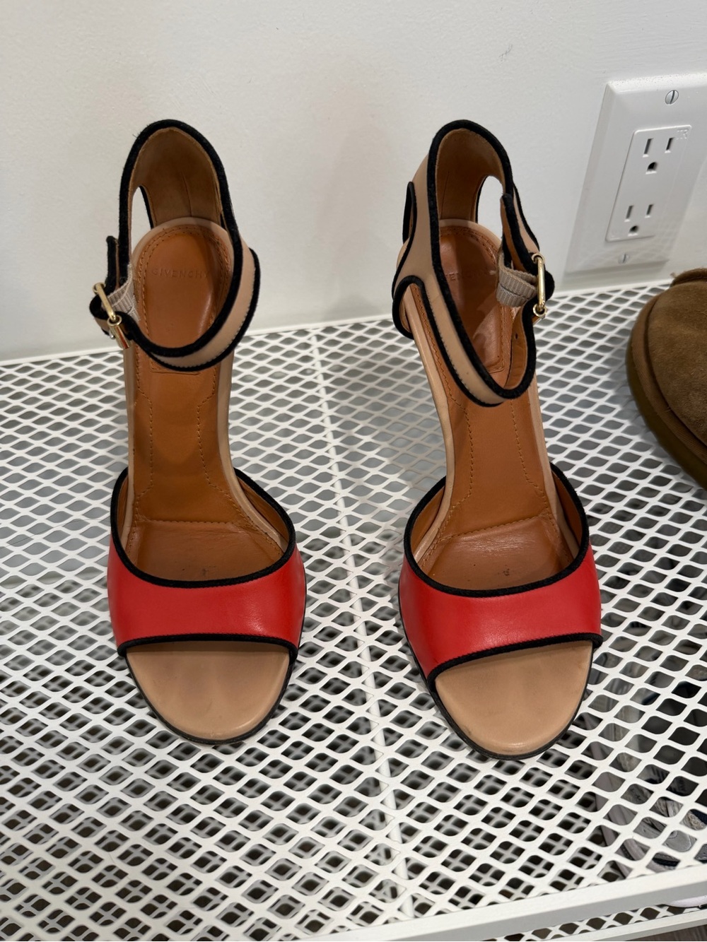 Givenchy Red and Black Leather Open-Toe Ankle-Strap Heels